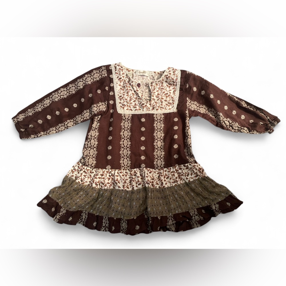 Acoustic Brown, White and Green Tier Long Sleeve Top Girls Size 4T